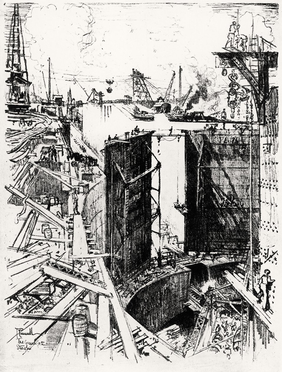 O Portão de Guarda em Gatun, placa V do Canal do Panamá por Joseph Pennell, 1912 (carvão sobre papel) de Joseph Pennell