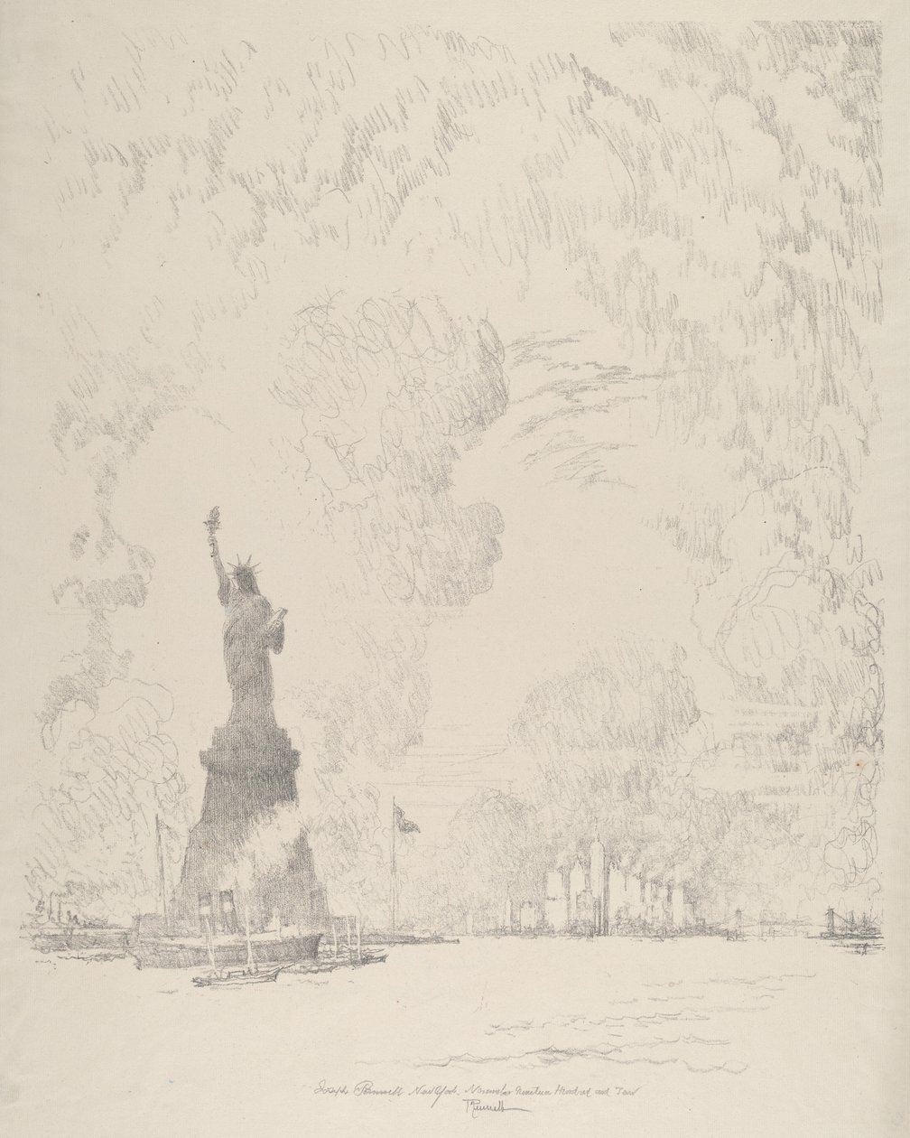 A Estátua, Baía de Nova York de Joseph Pennell