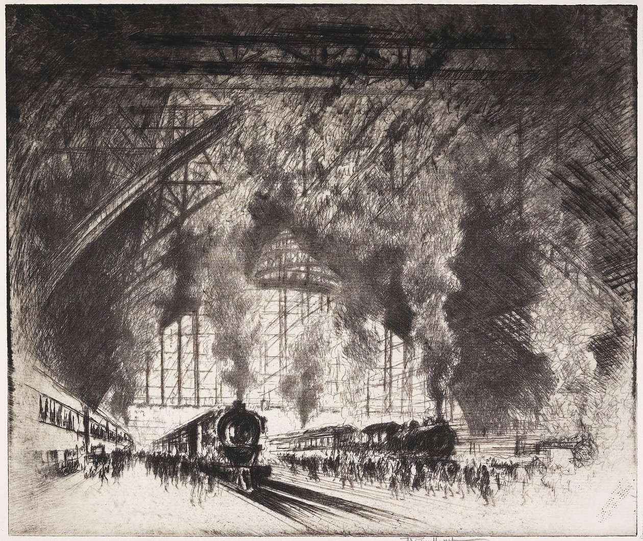 Os trens que vêm e os trens que vão, Pennsylvania Railroad, Filadélfia, 1919 de Joseph Pennell
