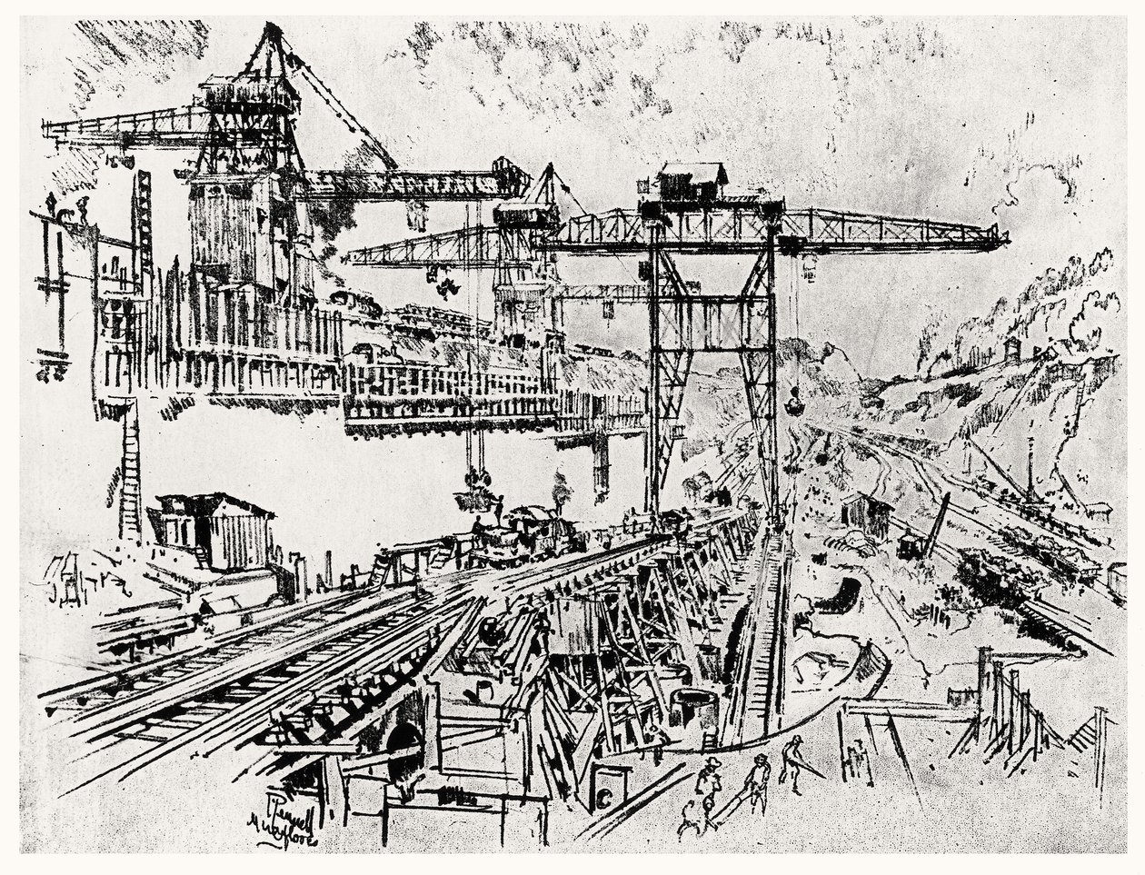 As Muralhas de Miraflores Bloqueio, placa XXIII do Canal do Panamá por Joseph Pennell, 1912 (carvão sobre papel) de Joseph Pennell