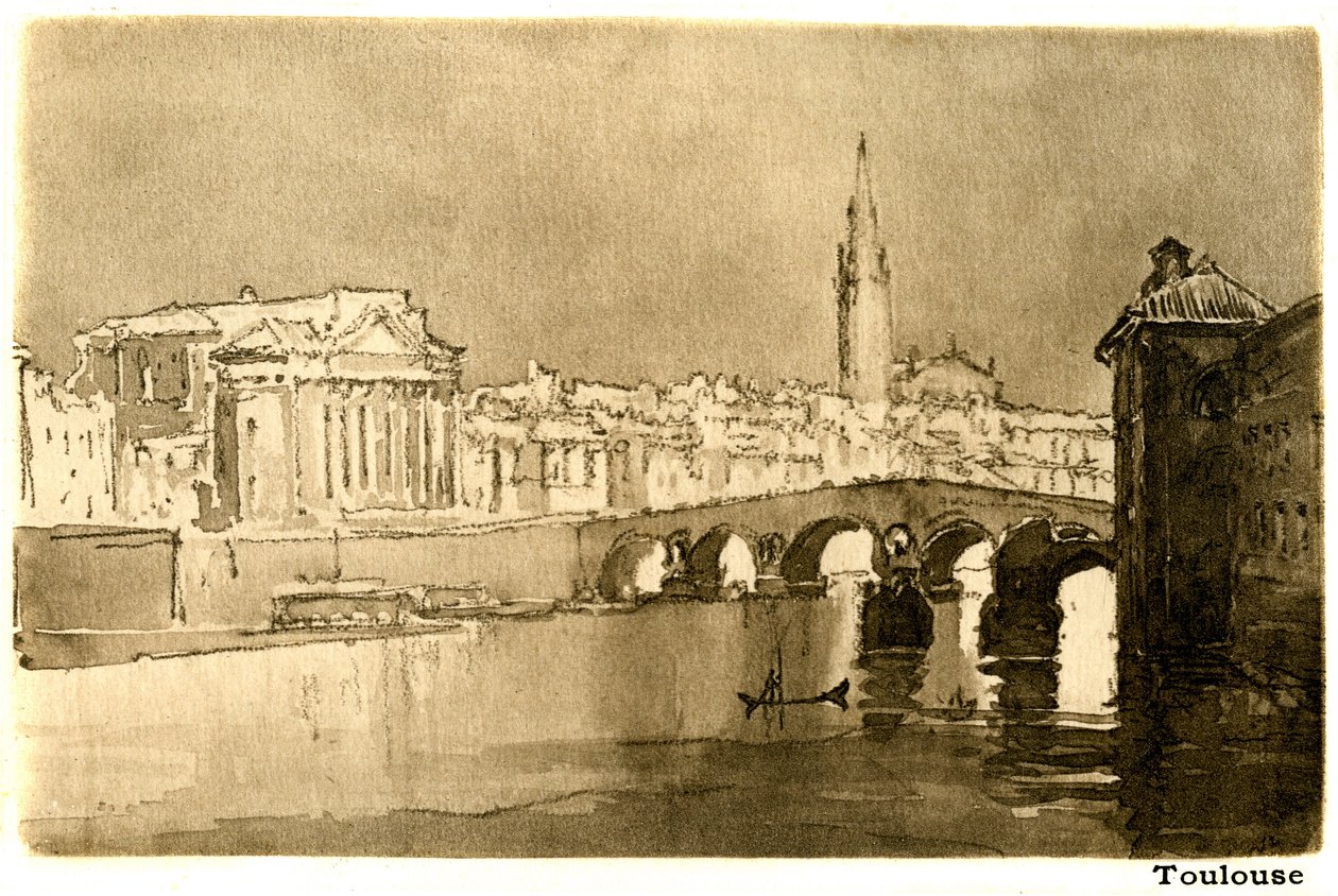 Toulouse, o Garonne. Gravura a partir de uma aguarela de Joseph Pennell (1857-1926) que ilustra o livro de Henry James "A little tour in France", edição Heinemann 1900 (títulos franceses: "Voyage en France" e "Un petit tour en Languedoc"). de Joseph Pennell