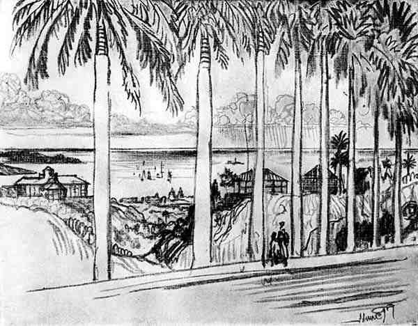 Vista do Monte Ancon, placa XXV do Canal do Panamá por Joseph Pennell, 1912 (carvão sobre papel) de Joseph Pennell