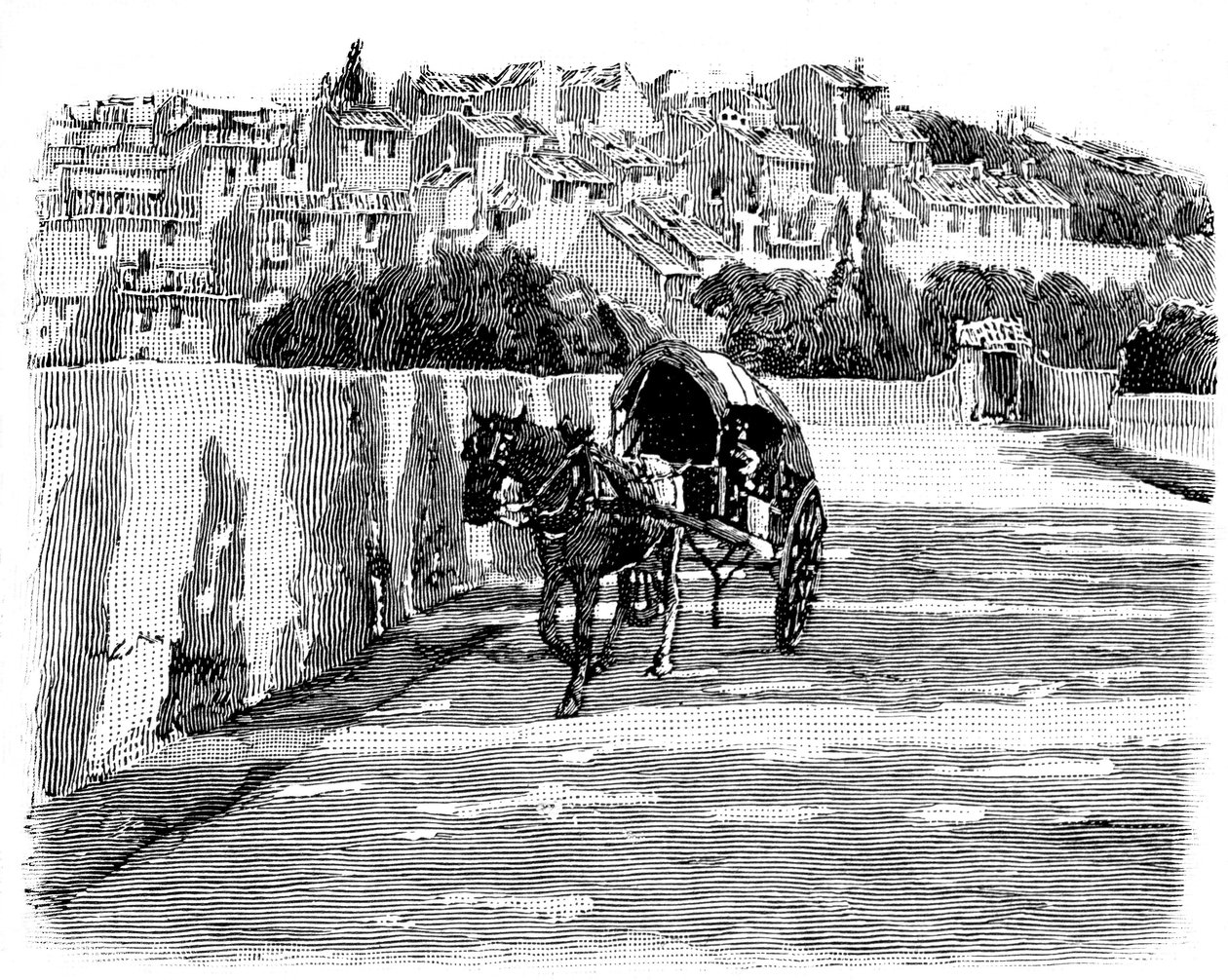 Village du Midi (sul) de França com carruagem puxada por cavalos. Gravura de Joseph Pennell 1888 (pormenor). de Joseph Pennell