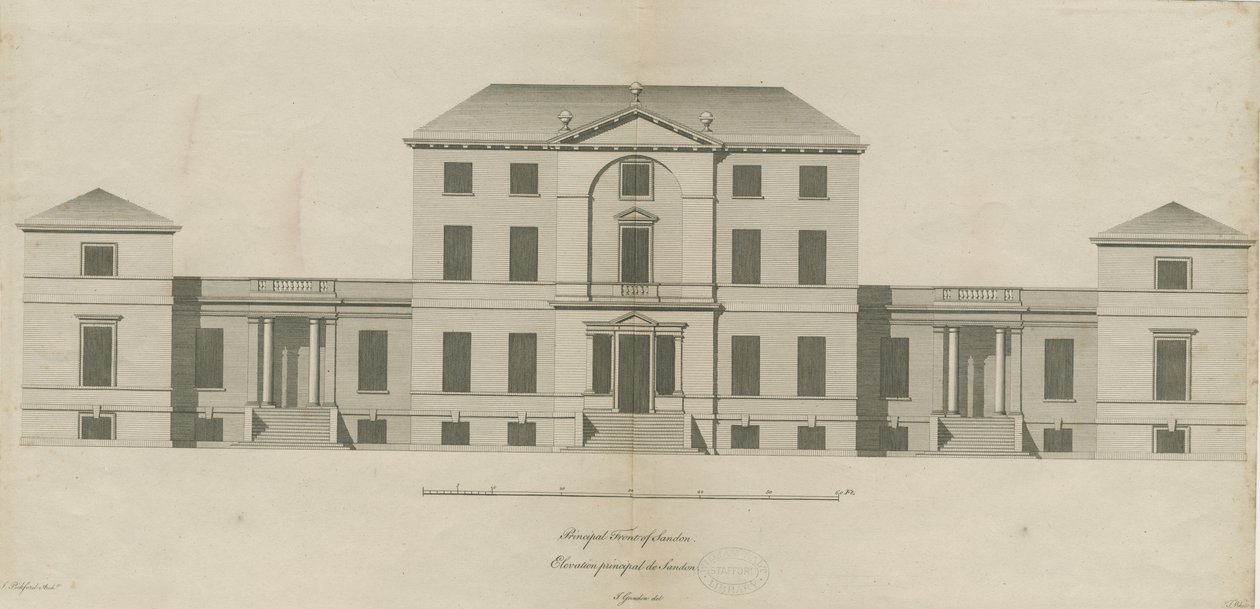 Sandon Hall: gravura, nd [1769-1771] (impressão) de Joseph Pickford