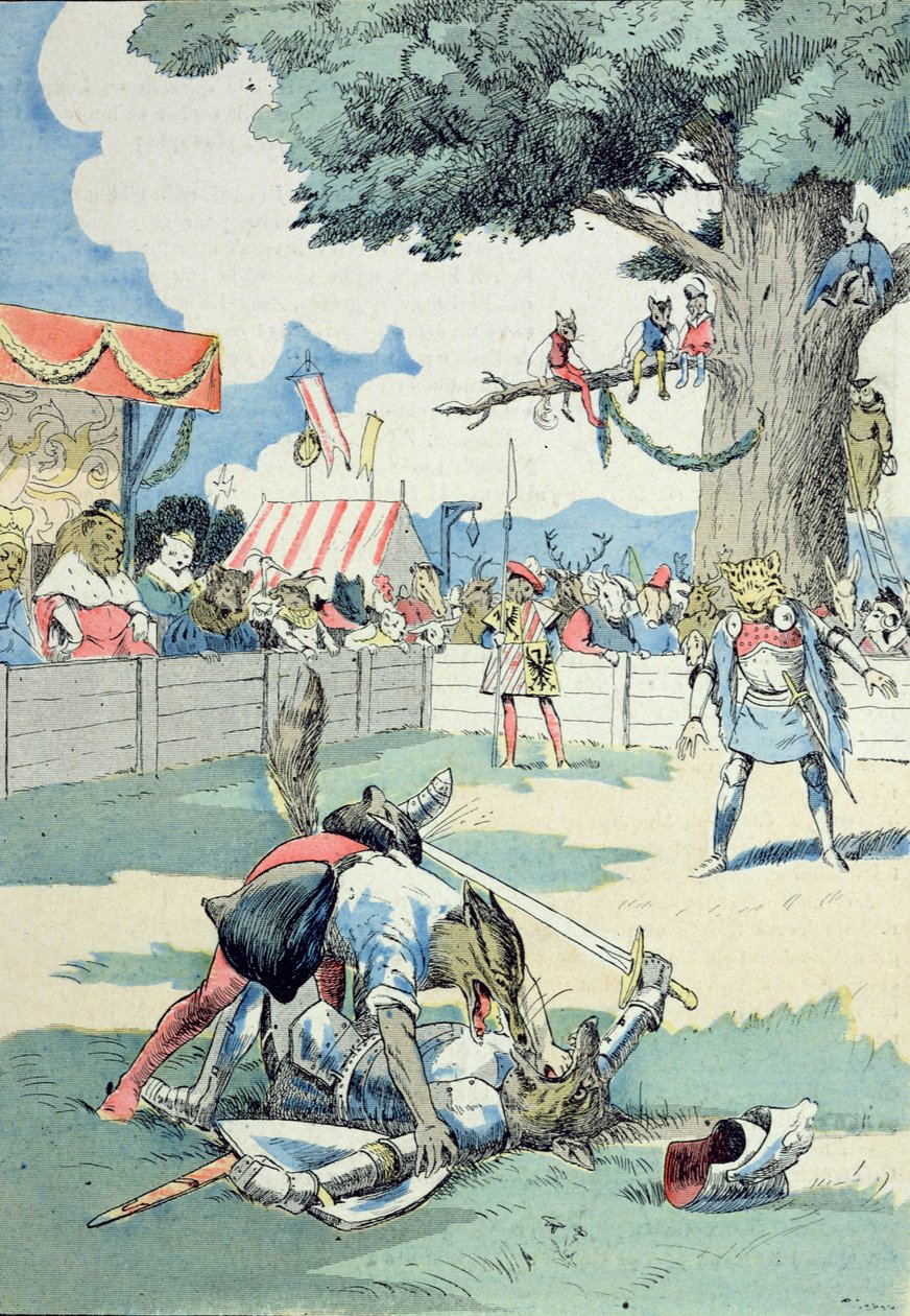 A batalha entre Renard e Ysengrin, de "The Adventures of Master Renard" de G. Le Cordier, c.1900 (litografia a cores) de Joseph Porphyre Pinchon