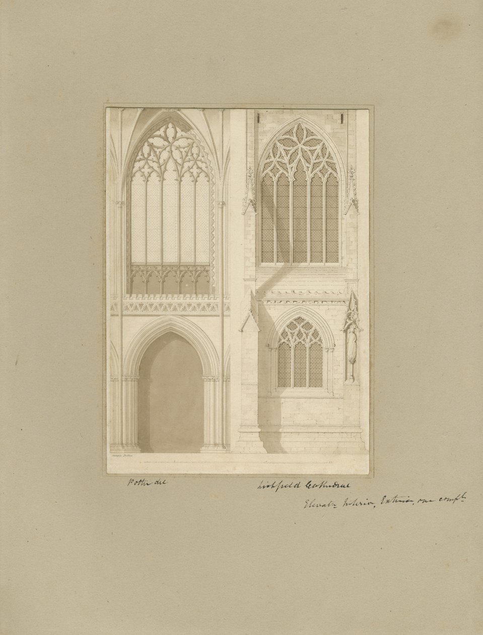 Interior da Catedral de Lichfield - Coro: desenho em sépia, [1819] (desenho) de Joseph Potter