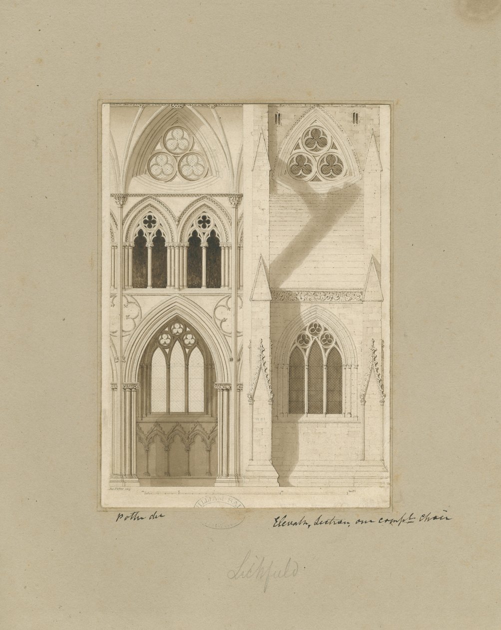 Interior da Catedral de Lichfield - Nave: desenho em sépia de Joseph Potter