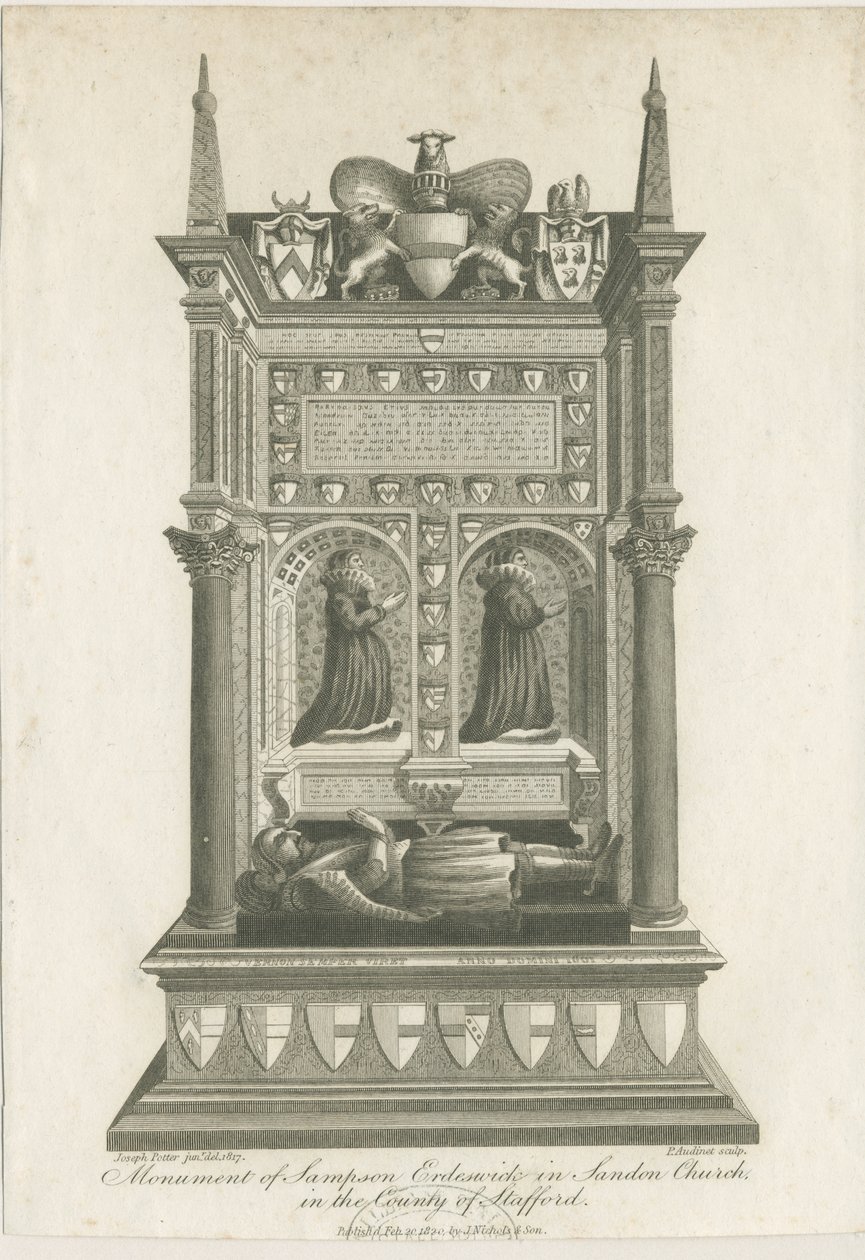 Igreja Sandon - Tumba de Sampson Erdeswicke: gravura de Joseph Potter