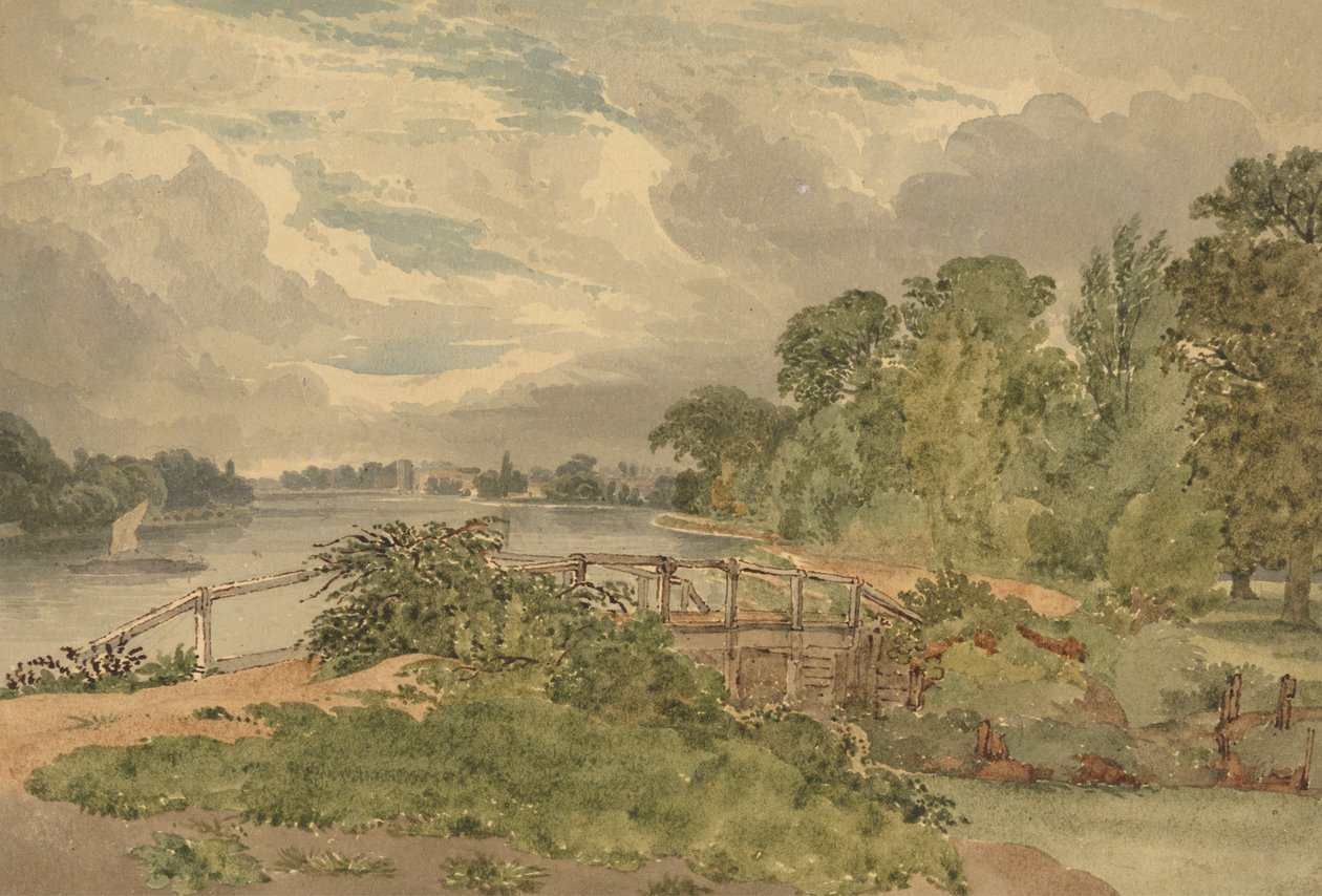 Paisagem fluvial com eclusa em primeiro plano de Joseph Powell
