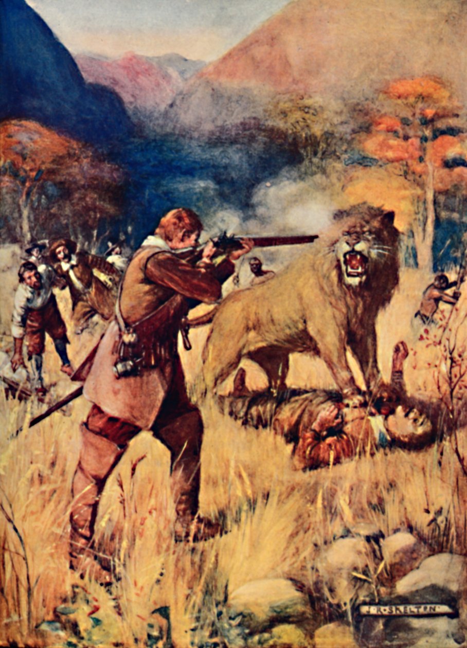 Um grande leão saltou sobre um dos homens, 1909 de Joseph Ratcliffe Skelton