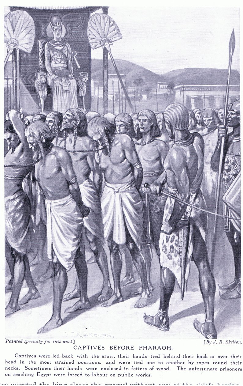 Cativos antes do Faraó, c.1920 (litho) de Joseph Ratcliffe Skelton