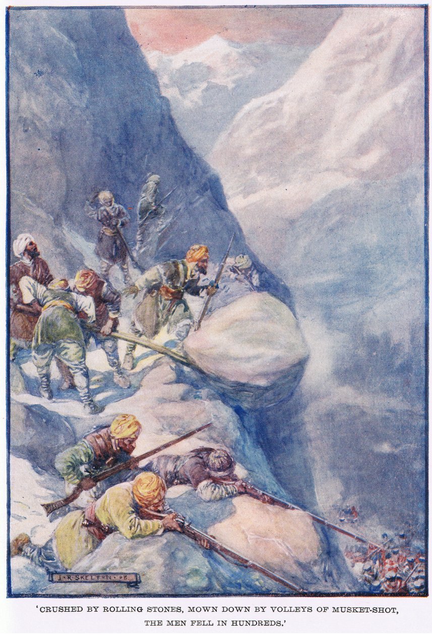 Esmagados por pedras rolantes, derrubados por rajadas de tiro de mosquete, os homens caíram às centenas de Joseph Ratcliffe Skelton