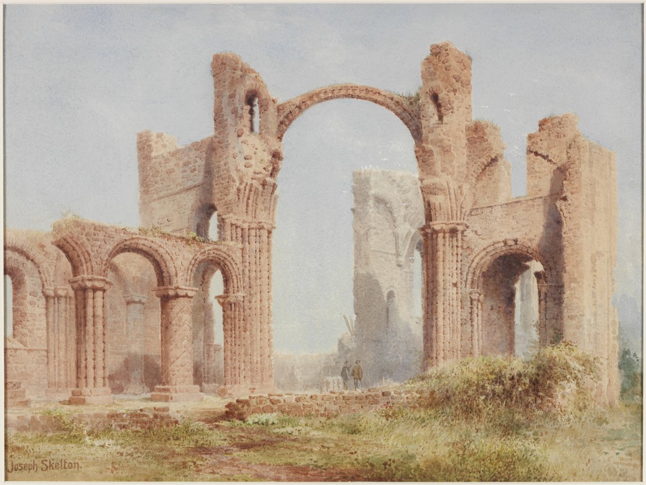 Ruínas do Priorado de Lindisfarne (aquarela, bodycolour e lápis sobre papel) de Joseph Ratcliffe Skelton