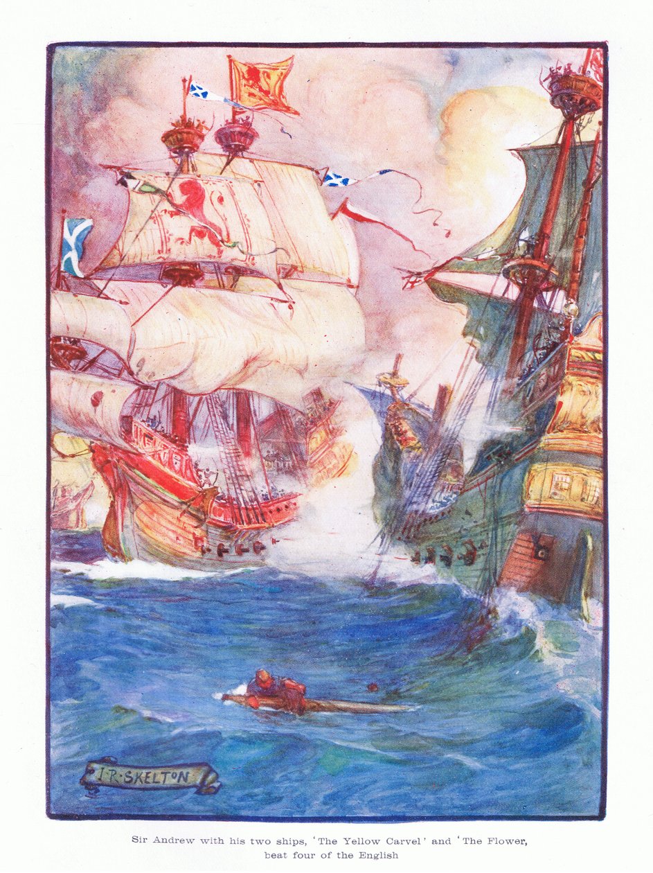 Sir Andrew, com seus dois navios, a Carvela Amarela e a Flor, bateu cinco dos navios ingleses, 1910 de Joseph Ratcliffe Skelton