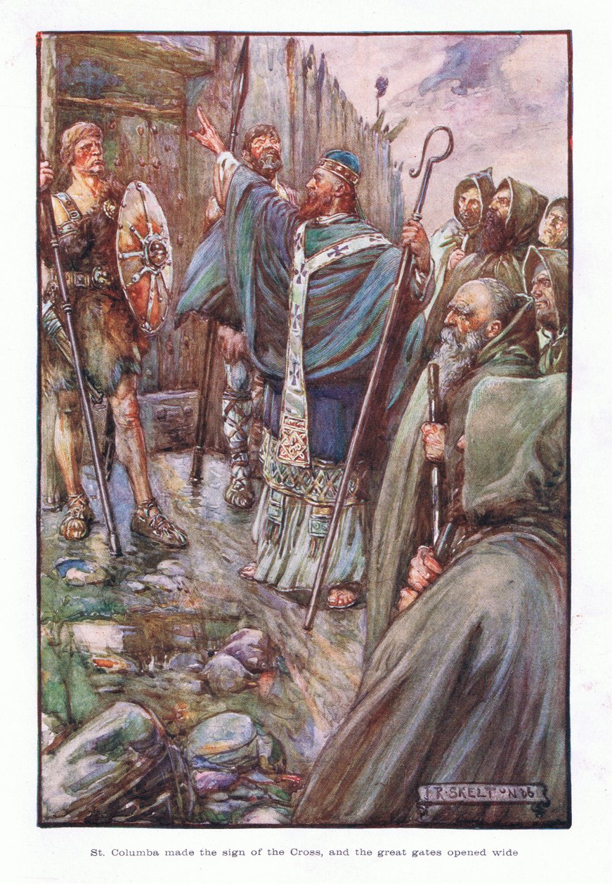 São Columba fez o sinal da cruz e os grandes portões se abriram, 1910 de Joseph Ratcliffe Skelton