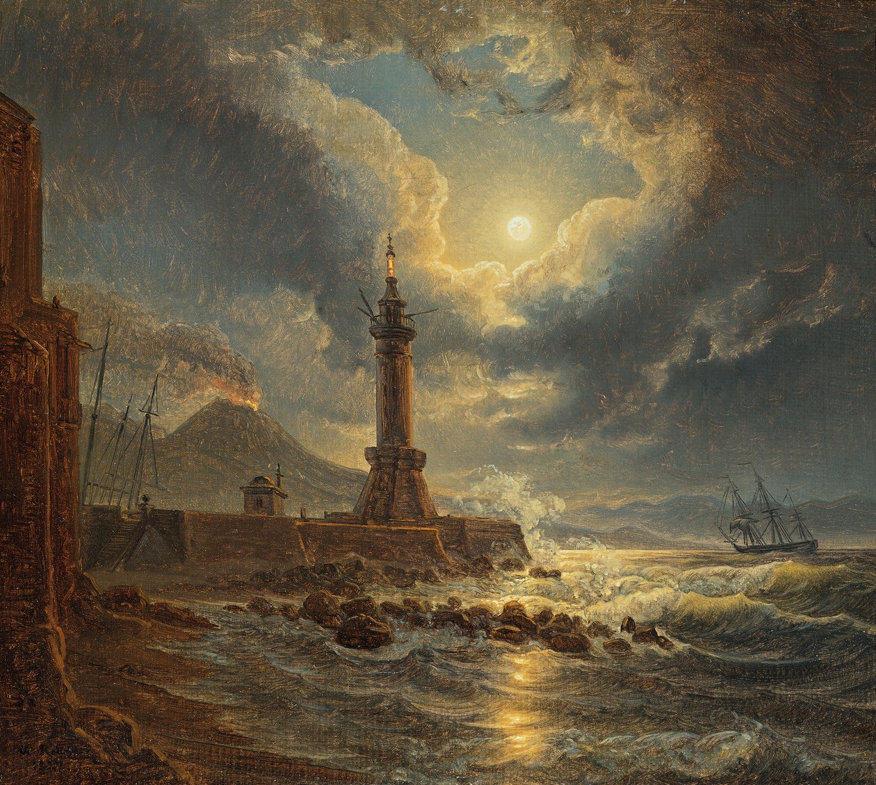 Farol no porto de Nápoles ao luar de Joseph Rebell