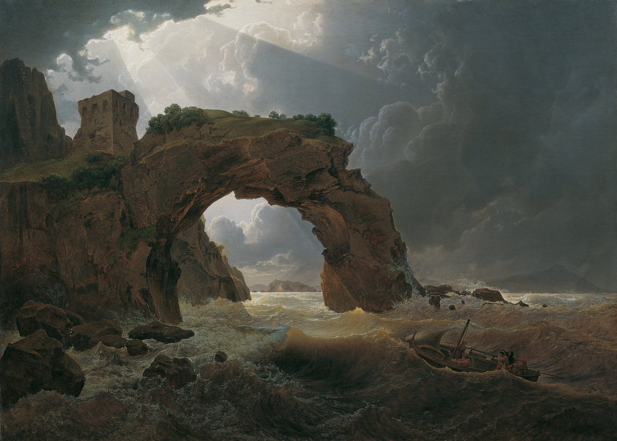 Tempestade marítima no Arco di Miseno perto de Miliscola com vista para Nisida de Joseph Rebell
