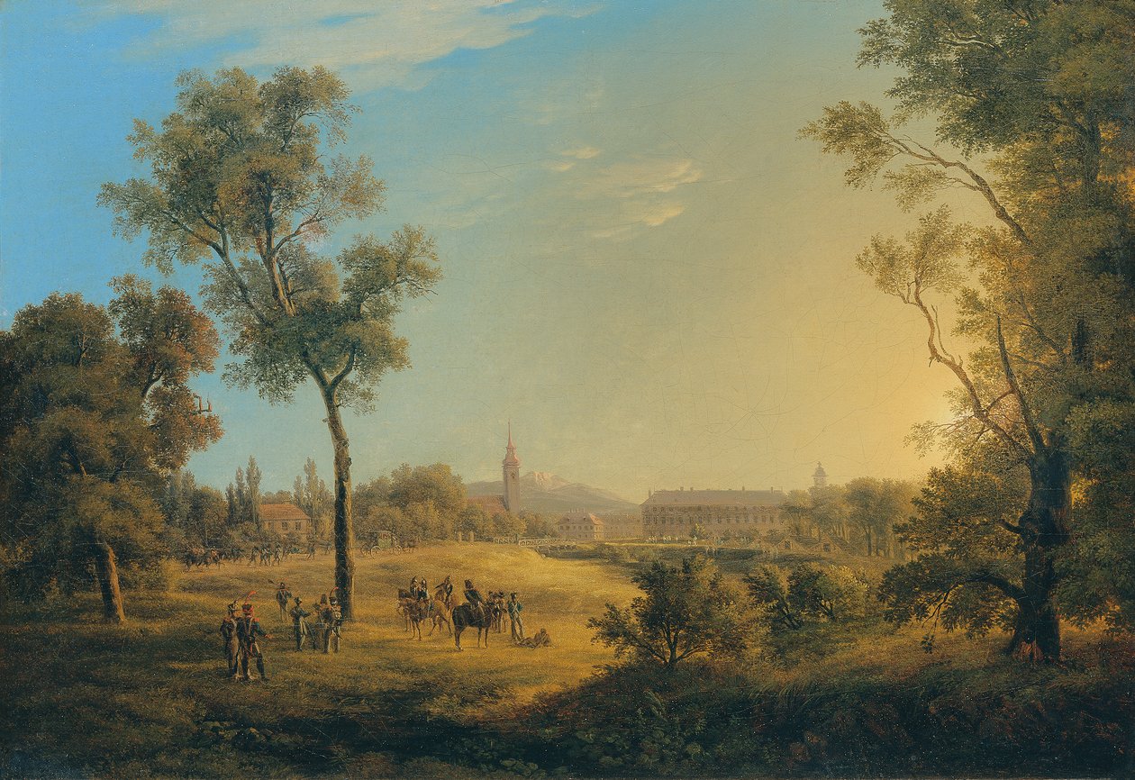 Cena das Guerras Napoleónicas: Vista de Kaiserebersdorf de Joseph Rebell