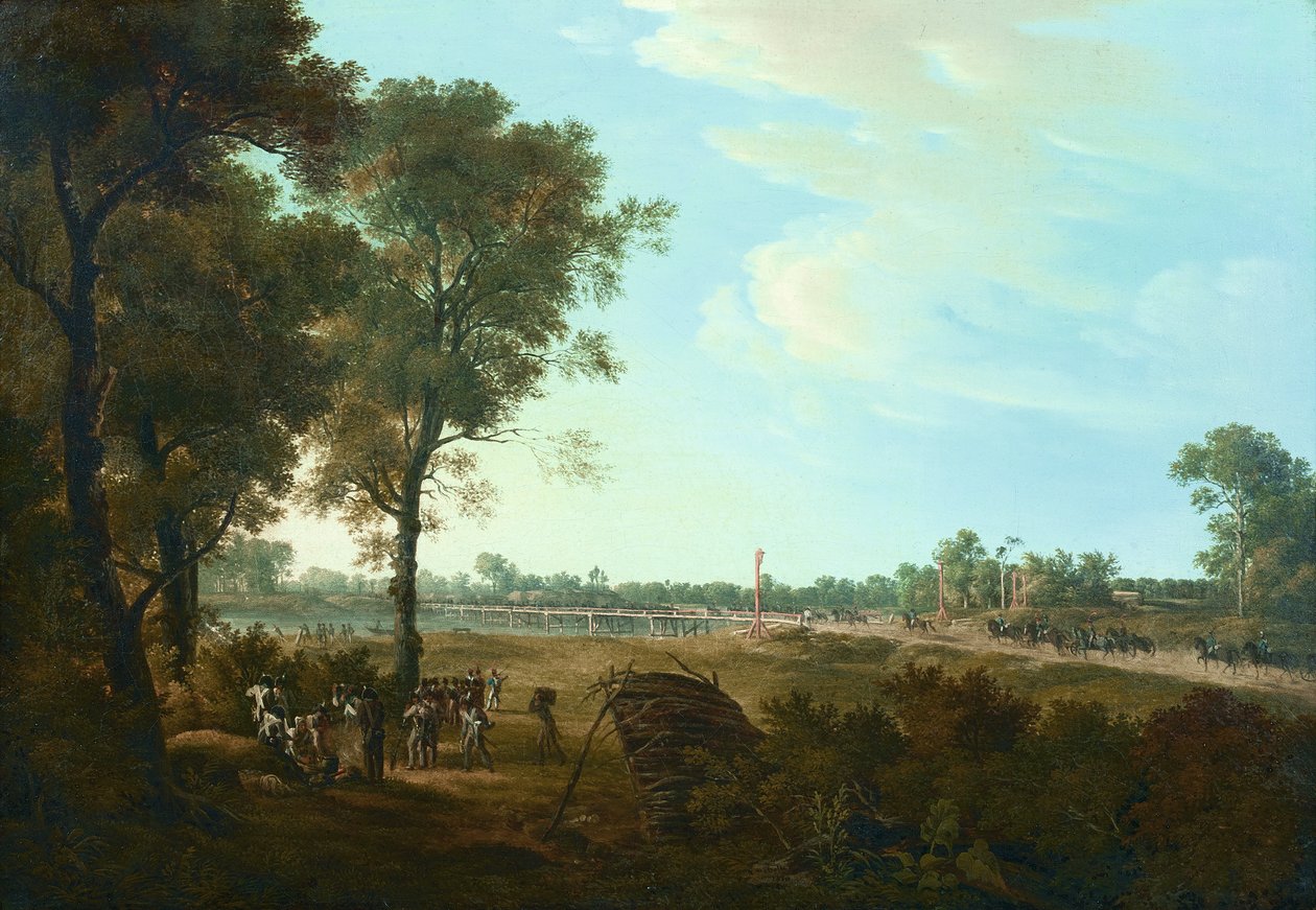 Cena das Guerras Napoleónicas: O início da cabeça de ponte em Lobau de Joseph Rebell