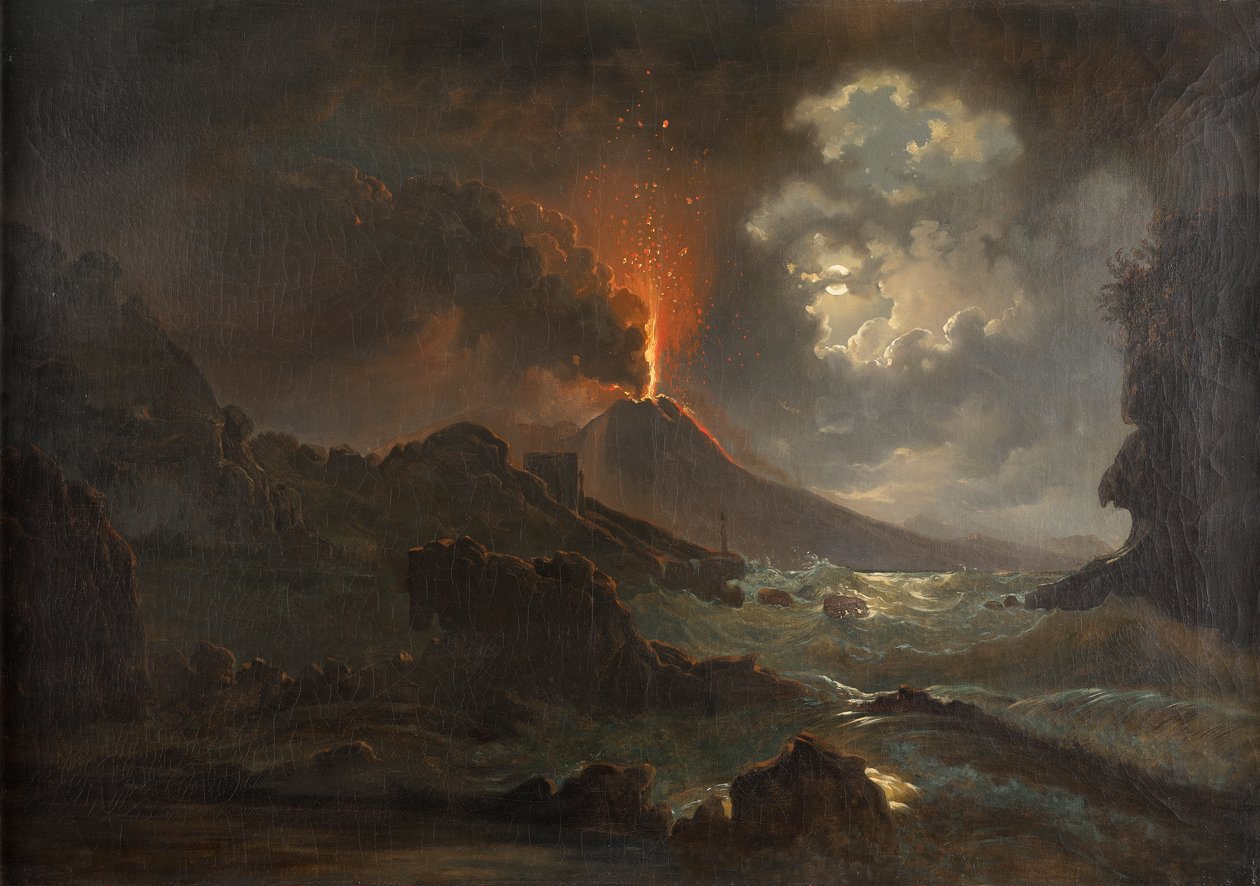 Erupção do Vesúvio durante a noite com vista para a Scuola di Virgilio de Joseph Rebell