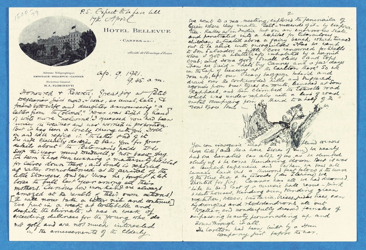 Carta autografada para o Coronel HW Feilden, Hotel Bellvue Cannes, 9 de abril de Joseph Rudyard Kipling