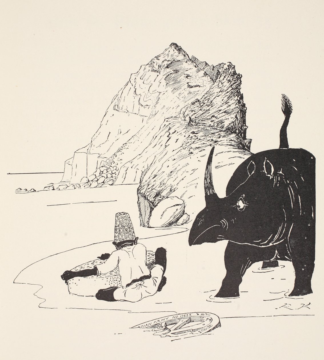 O Parsee começando a comer seu bolo na ilha desabitada, ilustração de "apenas assim histórias para crianças pequenas" por Rudyard Kipling, pub. Londres, 1951 de Joseph Rudyard Kipling
