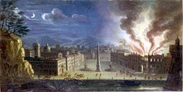Uma praça num porto marítimo do Italianate com um edifício em chamas à noite de Joseph Ruiz