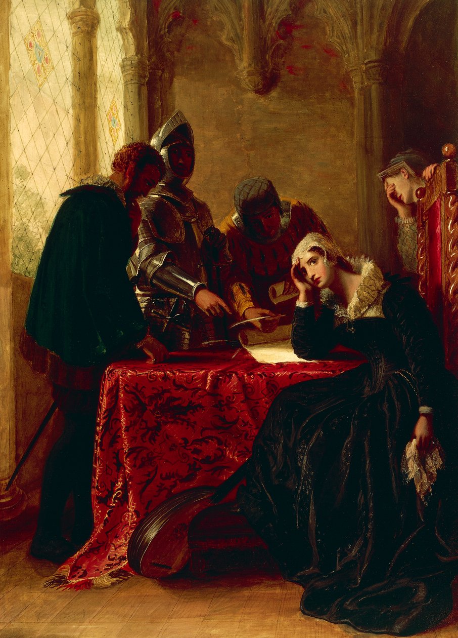 Abdicação de Mary Queen of Scots no Castelo de Loch Leven, c. 1850 (óleo sobre tela) de Joseph Severn