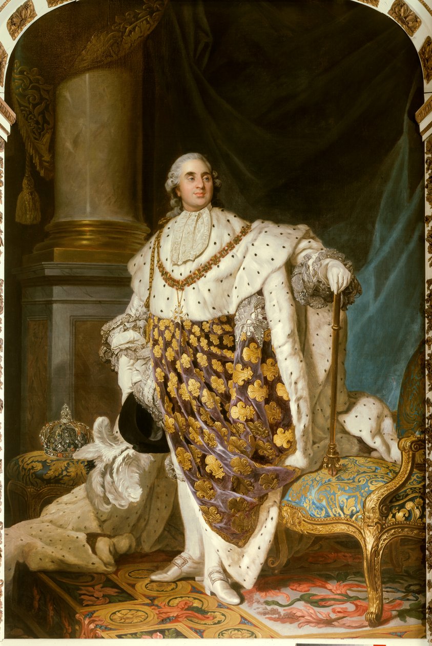 Retrato no pé do Rei da França Luís XVI em traje sagrado (1754-1793) Ele tem o colar da Ordem do Espírito Santo (Espírito Santo) - Pintura do Atelier de Joseph Siffred Duplessis (1725-1802) (Joseph-Siffrede, Joseph-Siffrede, Joseph Si de Joseph Siffred Duplessis