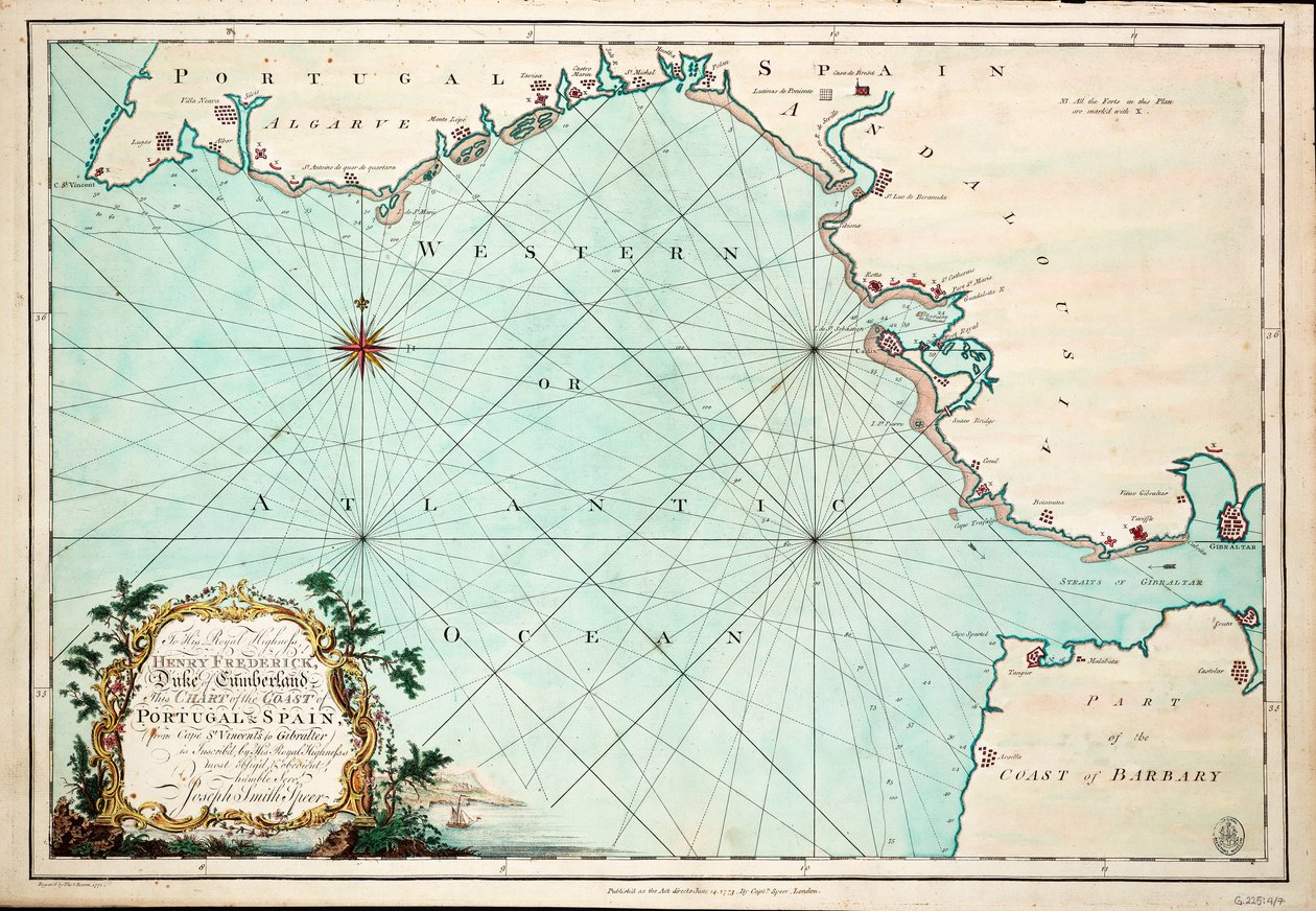 Carta da costa de Portugal e Espanha, do Cabo de São Vicente a Gibralter de Joseph Smith Speer