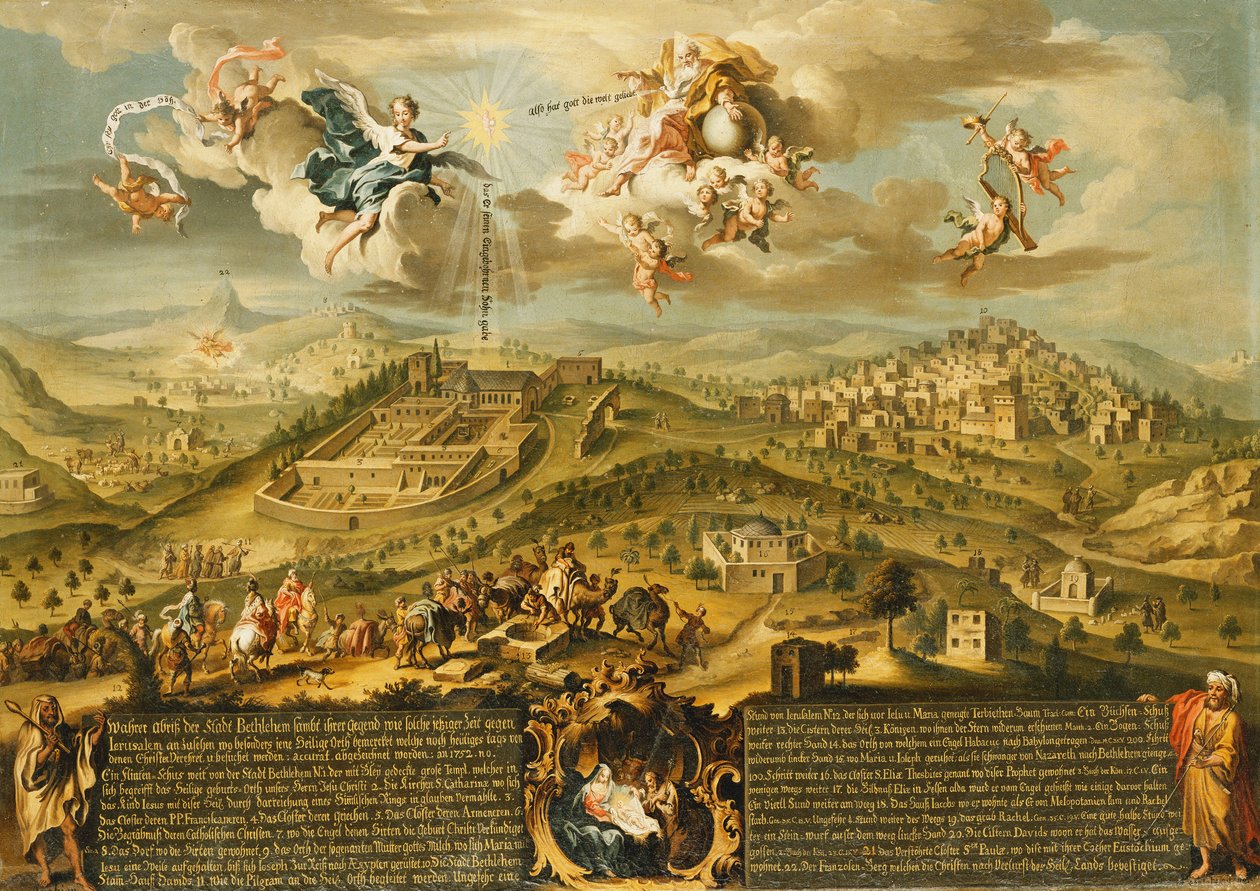 Vista de Belém com a Jornada dos Reis Magos, a Trindade Acima e a Natividade em uma Cartela Pintada Abaixo, 1752 de Joseph Stephan