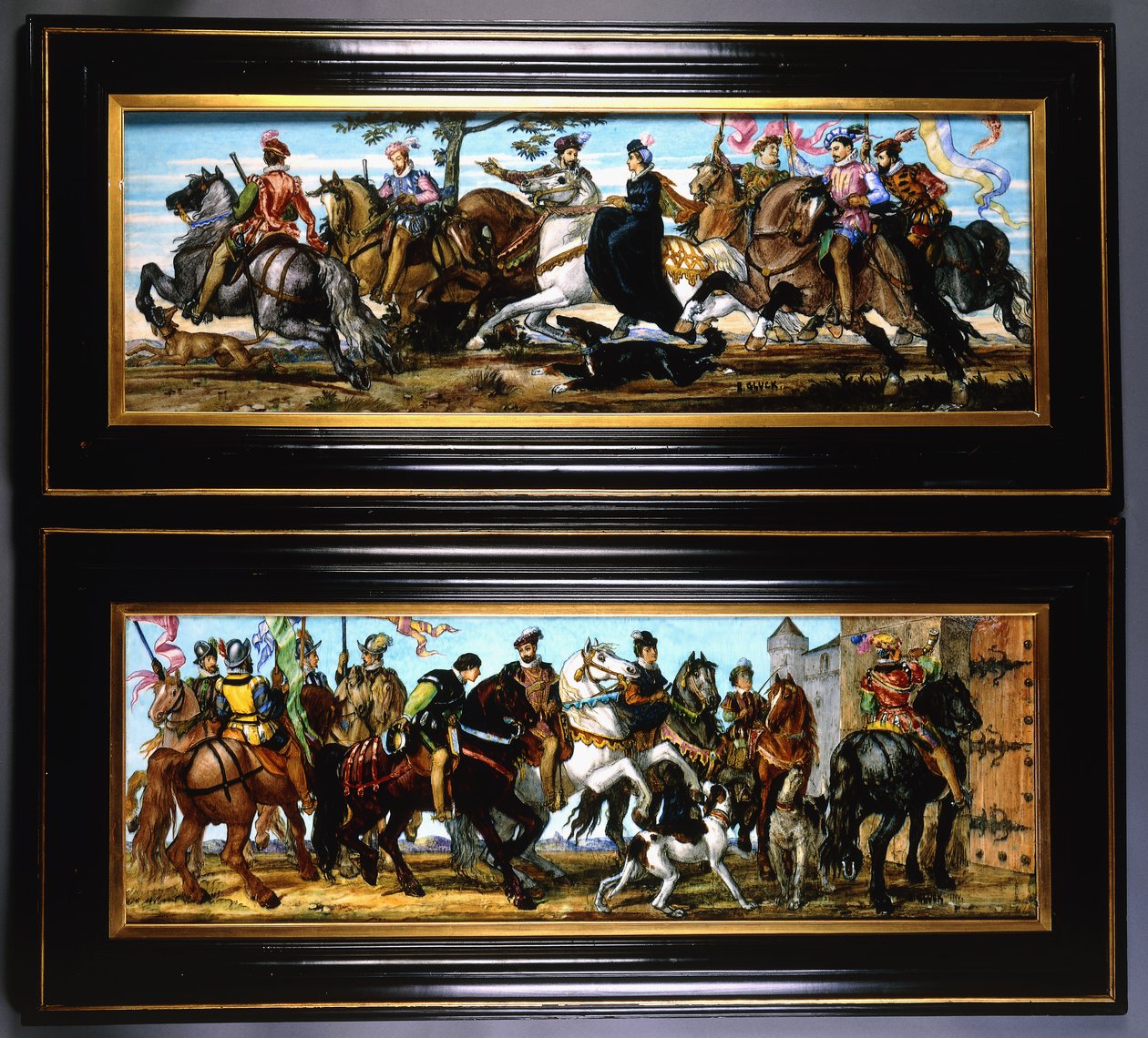Um par de placas de cerâmica na parede, representando cenas medievais de caçadores com cães de Joseph Theodore Deck