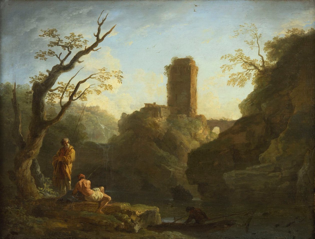 Francês: Uma paisagem com uma árvore e dois homens, uma torre ao fundo de Joseph Vernet