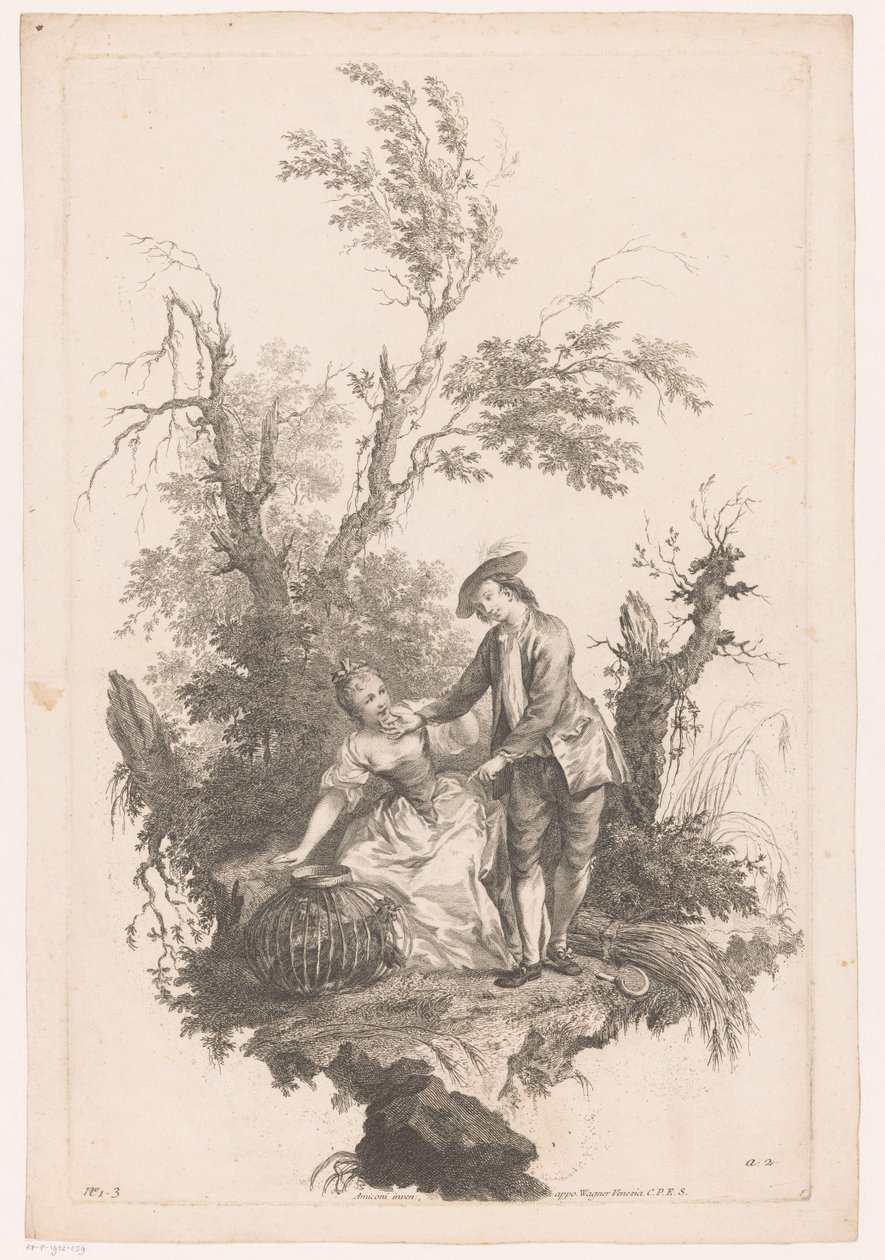 Homem e mulher com uma cesta de aves Verão Four Seasons (título da série) de Joseph Wagner (possibly)