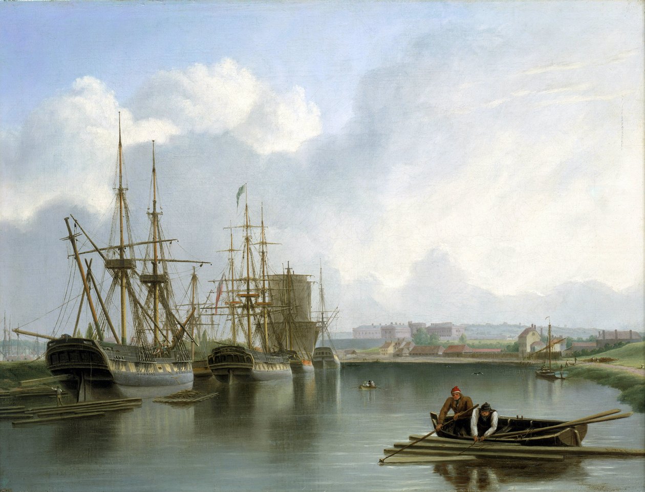 Descrição das docas de Bristol (Inglaterra), com navios indianos a comercializar e a transportar madeira americana, e cargas de madeira a flutuar na água com dois homens num barco a recolhê-las com um gancho e uma gaffe de Joseph Walter
