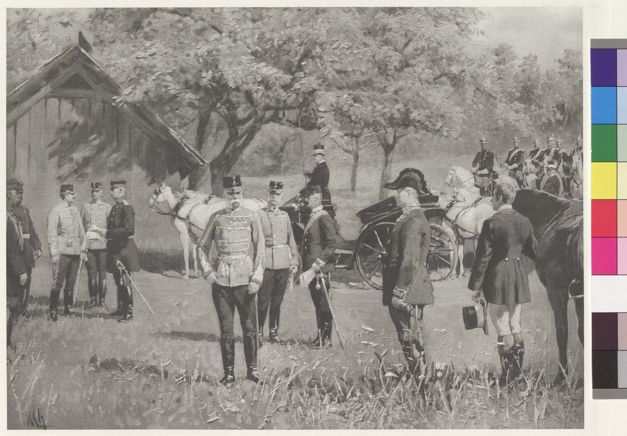 O Imperador Franz Joseph I e o Imperador Wilhelm II na Rendezvousplatz (Praça do Encontro) em Totis de Joseph Walter