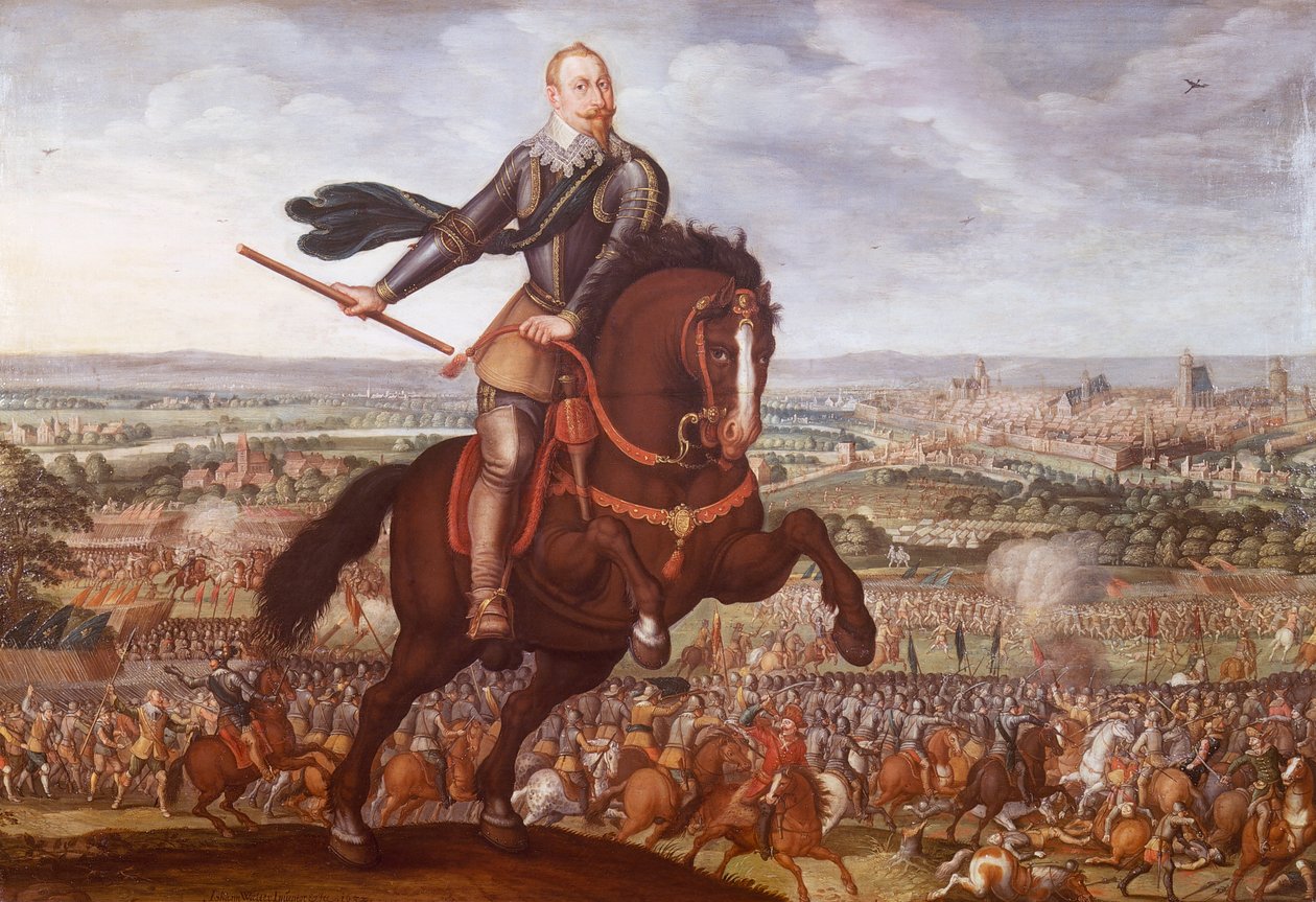 Gustav II Adolf da Suécia na Batalha de Breitenfeld em 1631, pintura de Jean Jacques Walter, Guerra dos Trinta Anos, Alemanha de Joseph Walter