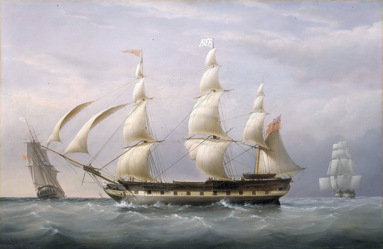 O navio "Britannia" da Companhia das Índias Orientais, visto de três ângulos, regressou de Barbados. Óleo sobre tela de Joseph Walter