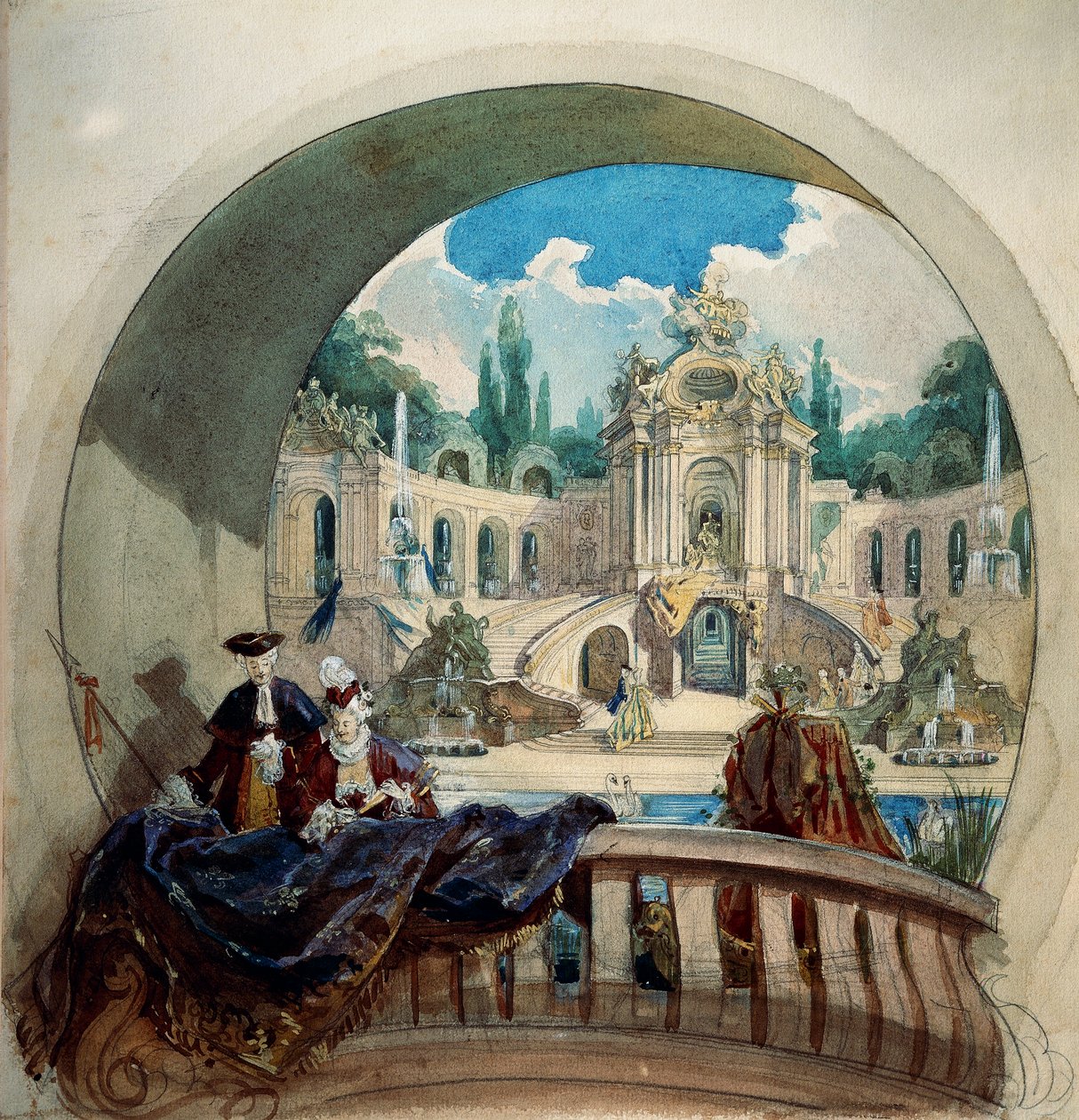 Desenho preparatório para luneta do teto da sala de audiências no castelo real de Ludwig II em Linderhof de Joseph Watter