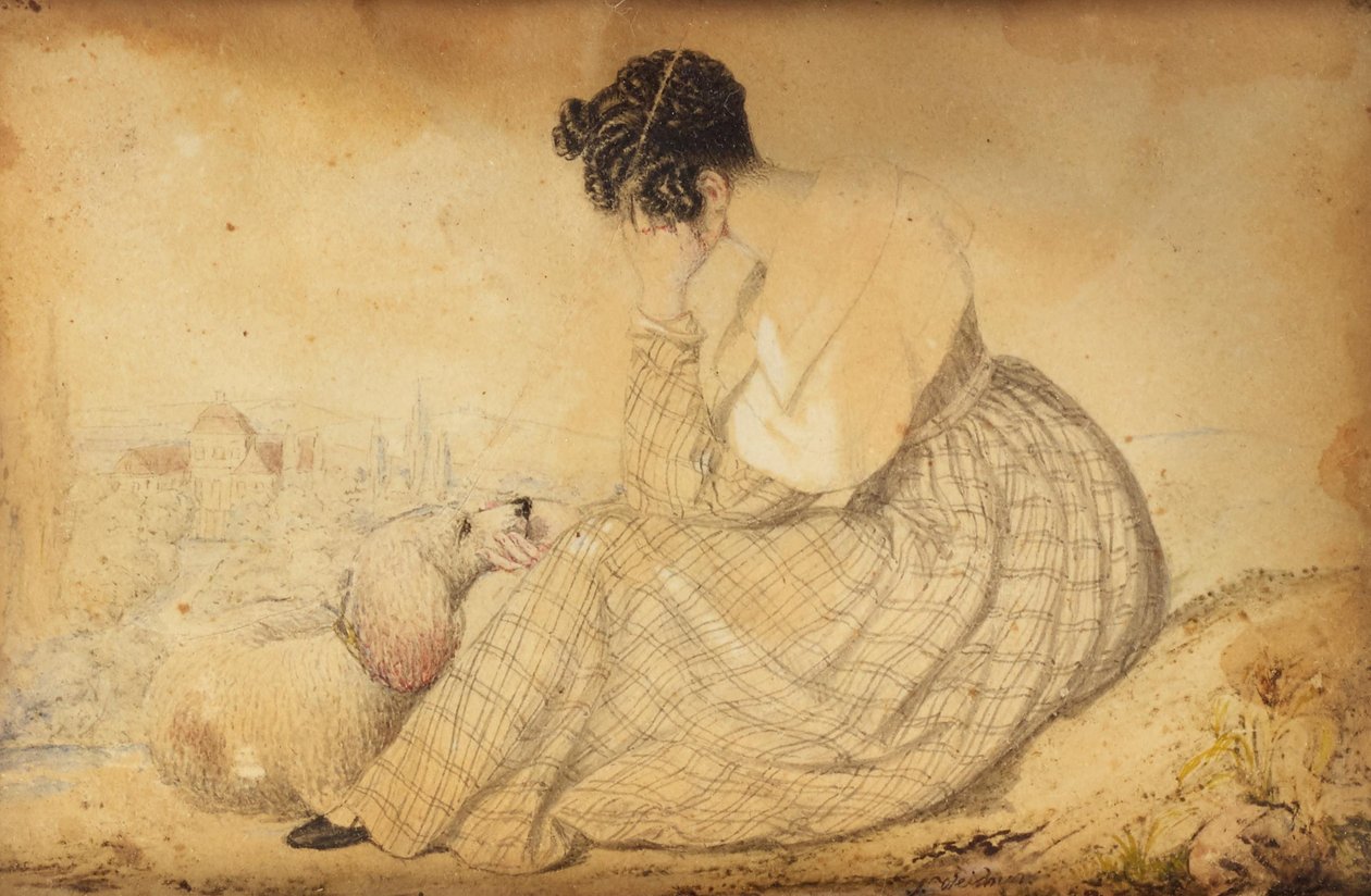 Pisa-papéis com mulher de luto com cão e vista de Viena de Joseph Weidner