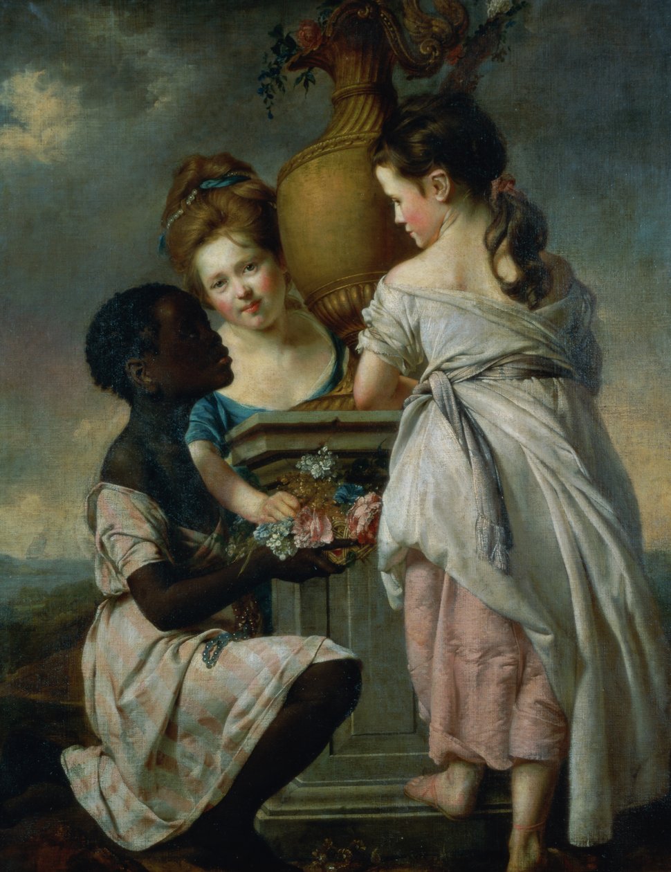 Uma conversa entre garotas ou duas garotas com seu servo negro, 1770 de Joseph Wright of Derby