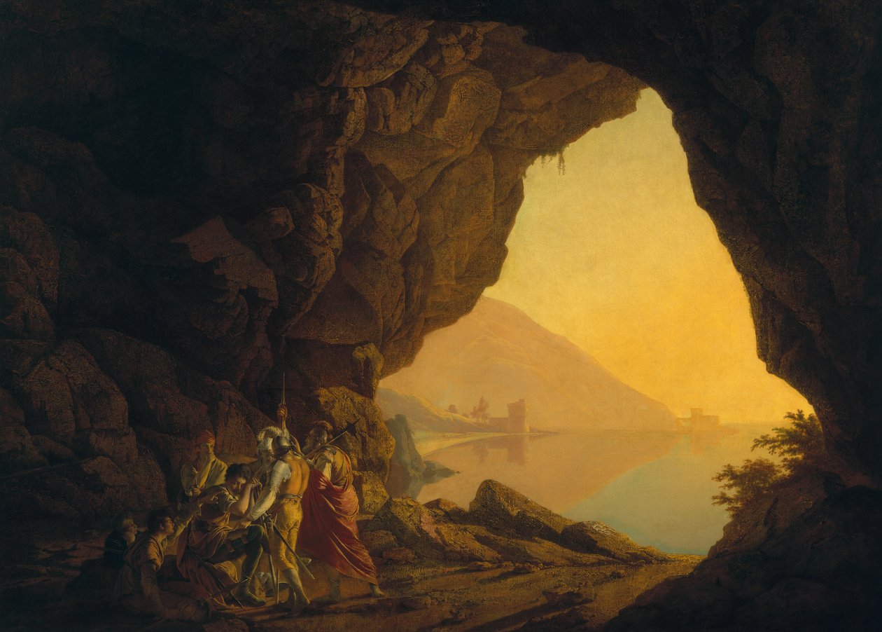 Uma Gruta no Reino de Nápoles, com Banditti, exh. 1778 de Joseph Wright of Derby