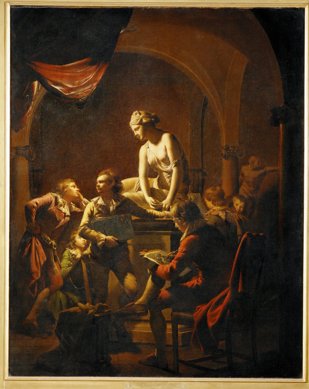Uma aula numa academia de pintores à volta de um molde em gesso da ninfa com concha ... (pintura sobre tela) de Joseph Wright of Derby