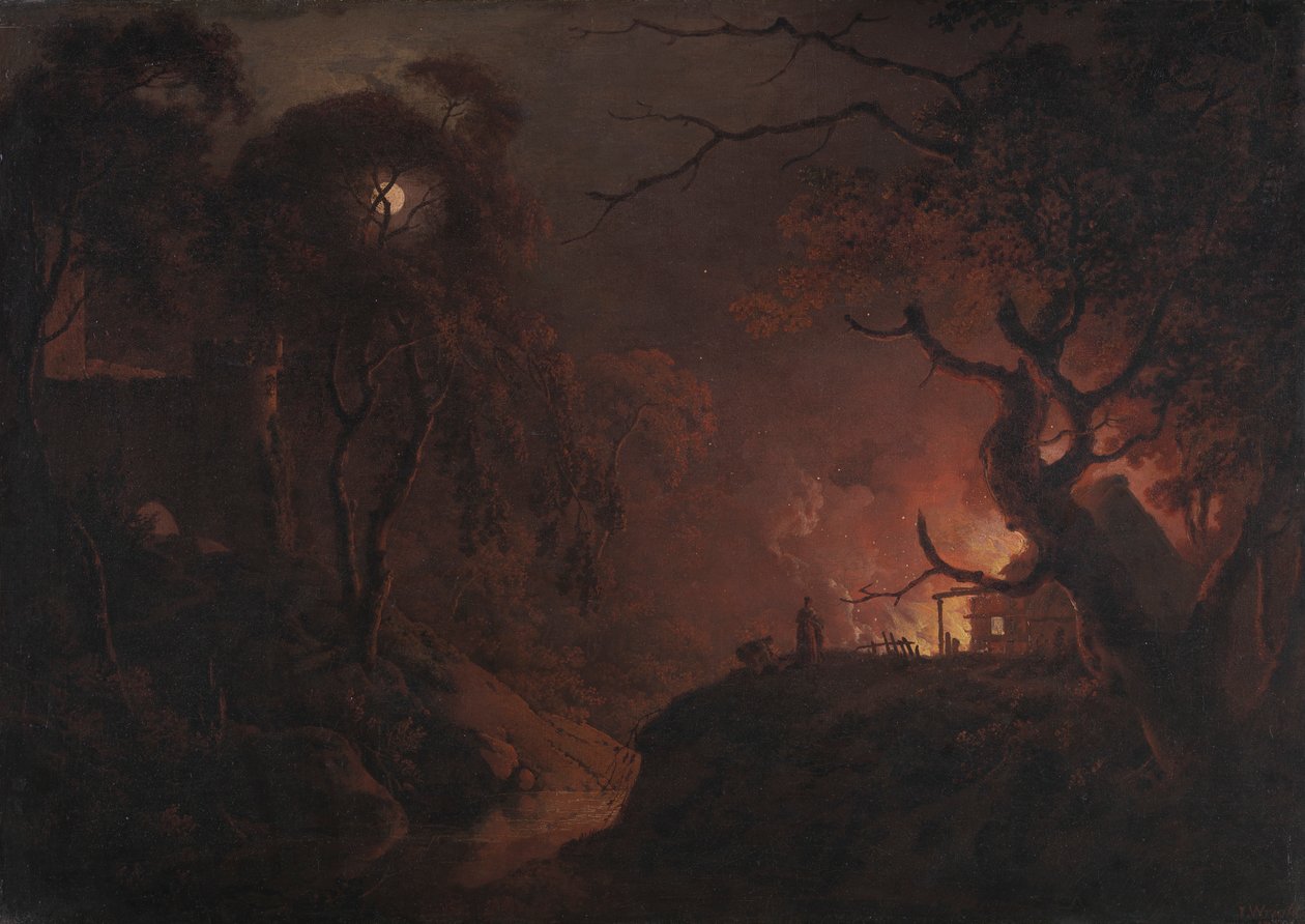 Casa de campo em chamas à noite de Joseph Wright of Derby