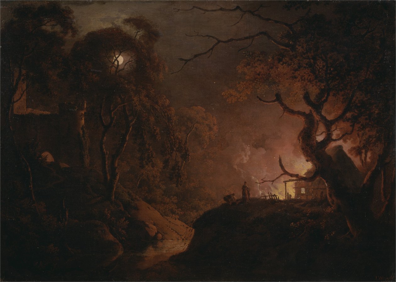 Casa de campo a arder durante a noite de Joseph Wright of Derby