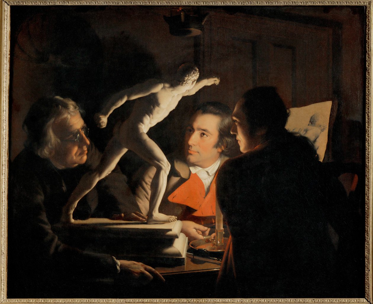 À luz de uma vela, três homens estudam um pequeno ... (pintura sobre tela) de Joseph Wright of Derby