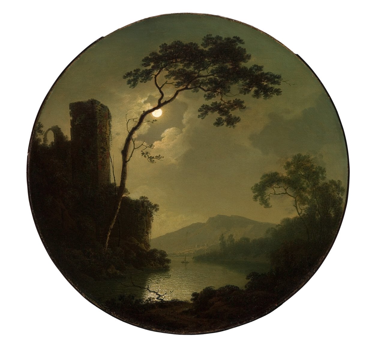 Lago com castelo numa colina de Joseph Wright of Derby