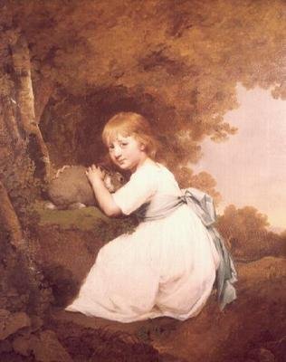 Miss Bentley com um vestido branco segurando um coelho de Joseph Wright of Derby