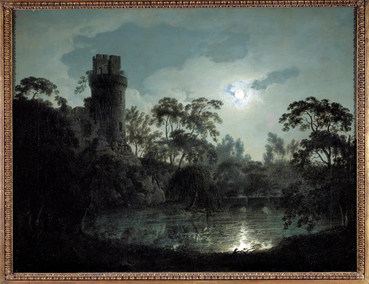 Luar com lago e castelo Paisagem nocturna romântica. Pintura de Joseph Wright de Derby (1734-1797) 1787 Coleção Particular de Joseph Wright of Derby