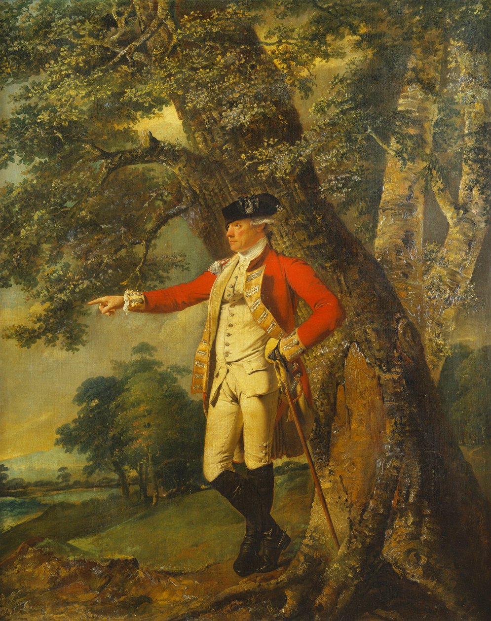 Retrato do coronel Charles Heathcote, de pé pequeno e completo em uma paisagem arborizada, com o uniforme do trigésimo quinto pé de Joseph Wright of Derby